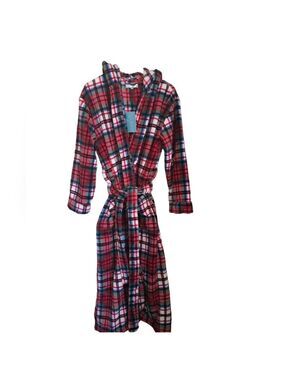 ALEXANDER DEL ROSSA plush plaid hooded bathrobe check robe COZY coastal TAGS SM